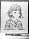  1girl bangs blunt_bangs border closed_mouth english_text expressionless floating_hair graphite_(medium) greyscale hairband highres looking_away looking_to_the_side mechanical_pencil monochrome murata_range neckerchief original pencil photo_(medium) sailor_collar school_uniform serafuku shirt short_hair solo traditional_media upper_body 