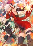  2girls :o absurdres ahoge autumn_leaves bangs black_legwear black_scarf black_sleeves blurry blurry_background blurry_foreground commentary_request detached_sleeves dress fate/grand_order fate_(series) feet_out_of_frame grey_eyes grey_hair hair_between_eyes highres kurogiri leaf maple_leaf multiple_girls okita_souji_(alter)_(fate) okita_souji_(fate) okita_souji_(koha-ace) open_mouth outstretched_hand over_shoulder pencil_dress red_dress red_scarf red_tassel scarf sidelocks squatting standing sword sword_over_shoulder thighhighs tied_hair tree weapon weapon_over_shoulder white_dress 