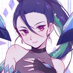  1girl absurdres bangs bare_shoulders black_gloves black_hair blush covered_collarbone crystal earrings fingerless_gloves gloves green_hair hair_between_eyes hand_up highres jewelry k/da_all_out_kai&#039;sa kai&#039;sa league_of_legends long_hair multicolored_hair ponytail portrait ruan_chen_yue shiny shiny_hair signature smile solo two-tone_hair white_background 