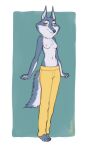  anthro blue_body blue_fur bottomwear canid canine canis clothed clothing feet female fur hi_res illumination_entertainment looking_at_viewer mammal neck_tuft nipples noxu pants porsha_crystal simple_background sing_(movie) solo topless tuft wolf yellow_eyes 