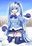  1girl absurdres blue_bow blue_bowtie blue_coat blue_legwear blue_mittens blue_skirt bow bowtie coat commentary day full_body fur-trimmed_coat fur-trimmed_legwear fur_trim hair_bow hair_ornament hand_up hatsune_miku highres holding_snowball jewelry kneeling light_blue_eyes light_blue_hair long_hair looking_at_viewer miniskirt nekoinu_bamboo open_mouth outdoors pleated_skirt pom_pom_(clothes) skirt smile snow snowman solo thighhighs twintails very_long_hair vocaloid yuki_miku yuki_miku_(2012) zettai_ryouiki 