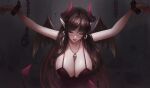  1girl arms_up bangs blush bound bound_wrists breasts brown_hair chain chained cleavage closed_eyes commentary cuffs dark_background demon_girl demon_horns demon_tail demon_wings dress earrings english_commentary facing_viewer horns huge_breasts jewelry large_breasts leaning_forward lips long_hair necklace nuker_(nukerdraws) original pointy_ears purple_dress red_dress restrained shackles skull_necklace sleeveless sleeveless_dress solo tail very_long_hair wings 