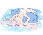  1girl :d bare_arms bare_shoulders bikini blue_archive blush closed_eyes collarbone frilled_bikini frills hoshino_(blue_archive) long_hair lying on_back pink_hair setmen smile solo swimsuit very_long_hair water white_background white_bikini 