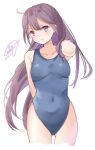  1girl ahoge akebono_(kancolle) alternate_hairstyle blue_swimsuit breasts commentary_request covered_navel cowboy_shot dated hair_down highleg highleg_swimsuit highres kantai_collection long_hair looking_at_viewer one-hour_drawing_challenge parted_lips pen_chou purple_eyes purple_hair signature simple_background small_breasts solo swimsuit very_long_hair white_background 
