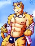  anthro big_muscles blue_background blue_eyes clothed clothing cloud felid fist hi_res looking_at_another male mammal morenatsu muscular nipples open_clothing open_shirt open_topwear pantherine shirt simple_background sky smile solo speedo swimming_goggles swimwear tiger topwear torahiko_(morenatsu) ventkazemaru video_games visual_novel 