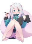  1girl barefoot blue_eyes bow eromanga_sensei feet green_jacket hair_bow highres izumi_sagiri jacket knees_up legs long_hair looking_at_viewer pillow pink_shorts ribbon shiro_youduki short_shorts shorts silver_hair sitting soles solo stylus tablet_pc thighs toes 