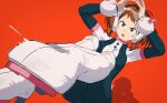  1girl action angry arms_up blush boku_no_hero_academia brown_eyes brown_hair hajikkoneko headgear highres kicking motion_blur motion_lines pink_clothes red_background shadow simple_background solo tight uraraka_ochako 