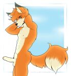  anthro balls blue_eyes canid canine doow erection foreskin fox fur genitals hazelkisses long_foreskin looking_at_viewer male mammal nipples orange_body orange_fur penis smile smirk solo solo_focus stretching 