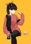  1girl absurdres backpack bag bangs black_hair black_legwear blush closed_mouth eating food hair_ribbon high_ponytail highres holding holding_food horns kagyu_nakamura long_hair orange_eyes original pants ponytail ribbon shoes simple_background sitting solo sweatpants sweatshirt 