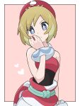  1girl bangs blonde_hair border bracelet bright_pupils commentary_request grey_eyes hairband hand_up head_tilt heart highres holding holding_poke_ball irida_(pokemon) jewelry koniko_(525lj) looking_at_viewer parted_lips pink_background poke_ball pokemon pokemon_(game) pokemon_legends:_arceus red_hairband red_shirt sash shirt short_hair shorts solo strapless strapless_shirt white_border white_pupils white_shorts 