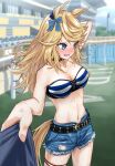  1girl @_@ animal_ears arm_up bandeau bangs bare_arms bare_shoulders belt black_belt blonde_hair blue_bow blue_eyes blush bow breasts cleavage cowboy_shot cutoffs denim denim_shorts foreshortening gold_city_(umamusume) hair_bow highres horse_ears large_breasts long_hair midriff navel nose_blush open_mouth outdoors short_shorts shorts solo standing stomach strapless striped_bandeau thigh_strap thighs tube_top umamusume wintre1131 
