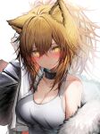  absurdres animal_ears arknights black_jacket blonde_hair blush breasts cleavage closed_mouth collar collarbone drying drying_hair fur-trimmed_jacket fur_trim highres holding holding_towel jacket large_breasts lion_ears long_sleeves looking_at_viewer open_clothes open_jacket ponytail sidelocks siege_(arknights) simple_background single_bare_shoulder smile tab_head tank_top towel upper_body white_background yellow_eyes 