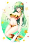  1girl :d animal_print bangs bare_arms bare_shoulders bra breasts collarbone commentary_request frog_hair_ornament full_body gohei green_eyes green_hair groin hair_between_eyes hair_ornament highres horns kneehighs kochiya_sanae large_breasts long_hair looking_at_viewer navel open_mouth osashin_(osada) panties print_legwear smile snake_hair_ornament solo star_(symbol) stomach tiger_print touhou underwear very_long_hair 