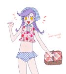  1girl :d bikini bikini_skirt blush braid flat_chest food_print freckles frilled_bikini frilled_bikini_bottom frilled_swimsuit frills genderswap genderswap_(mtf) head_scarf jojo_no_kimyou_na_bouken picnic_basket plaid purple_hair sempon_(doppio_note) smile solo strawberry_print swimsuit tenugui twin_braids vento_aureo vinegar_doppio yellow_eyes 