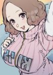  1girl bangs breasts forehead hand_on_breast highres large_breasts okumura_haru open_mouth parted_bangs persona persona_5 poechan_chan selfie short_hair solo sweater 
