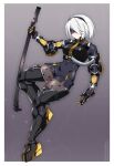  1girl alternate_costume armor armored_boots black_blindfold black_dress blindfold blueprint bodystocking bodysuit boots commentary commission dress english_commentary fishnet_bodysuit fishnets full_body highres industrial lindaroze mechanical_arms mechanical_boots mechanical_gloves military military_uniform nier nier_(series) nier_automata outline sketch sword tube uniform weapon yorha_no._2_type_b zoom_layer 