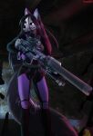  4322chan anthro armor black_hair canid canine clothing female fox fullbody_suit fur glowing glowing_eyes glowing_markings grey_body grey_fur gun hair hi_res holding_object holding_weapon hybrid inside_vehicle looking_at_viewer mammal markings purple_body purple_clothing purple_fur ranged_weapon rifle solo undead weapon 
