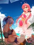  2girls 35p_(sakura_miko) absurdres apple_juice ball bangs barefoot beachball bikini blue_hair blue_sky breasts cat cloud commentary day eyewear_on_head floral_print flower green_eyes grey_bikini grey_headwear hair_between_eyes hair_flower hair_ornament hat highres hololive hoshimachi_suisei juice_box large_breasts looking_at_viewer multiple_girls o-ring o-ring_bikini off-shoulder_bikini off_shoulder outdoors parted_lips pink_bikini pink_hair plaid plaid_bikini plaid_headwear ponytail print_bikini ribbon_trim sakura_miko see-through short_sleeves sitting sky standing sunglasses swimsuit twintails virtual_youtuber wuming_xia 