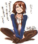  1girl blue_shirt blush brown_hair brown_legwear chromatic_aberration dated grin head_tilt indian_style kotoba_noriaki long_hair long_sleeves looking_at_viewer low_twintails original raglan_sleeves shirt signature simple_background sitting smile solo thighhighs translation_request twintails white_background 