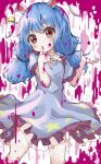  1girl absurdres animal_ears blue_dress blue_hair blue_nails blush crescent_print dress earclip eyebrows_visible_through_hair feet_out_of_frame fingernails frilled_dress frilled_sleeves frills hair_between_eyes highres kayon_(touzoku) long_hair nail_polish rabbit_ears red_eyes seiran_(touhou) short_sleeves solo star_(symbol) star_print touhou 