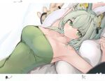  1girl animal_ear_fluff animal_ears arknights armpits arms_up bangs bare_shoulders blush breasts bright_pupils cat_ears cleavage dress eyebrows_visible_through_hair green_dress green_eyes green_hair highres kal&#039;tsit_(arknights) large_breasts looking_at_viewer lying mikojin on_back parted_lips pillow short_hair signature solo strapless strapless_dress stuffed_animal stuffed_bunny stuffed_toy upper_body 