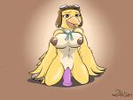  anthro avian beak big_breasts bird breasts brown_nipples daison_the_fox dildo dildo_sitting feathers female hi_res looking_pleasured margalo nipples non-mammal_breasts penetration sex_toy simple_background sitting solo stuart_little_(film) yellow_body yellow_feathers 
