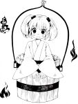  1341398tkrtr 1girl absurdres bangs bucket closed_mouth commentary_request eyebrows_visible_through_hair fire flame greyscale hair_ornament high_contrast highres in_bucket in_container kisume long_sleeves looking_at_viewer medium_hair monochrome simple_background solo touhou wide_sleeves wooden_bucket 