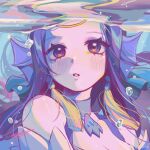  1girl bangs bare_shoulders blue_hair blush breasts character_request check_character cleavage collarbone fins highres league_of_legends long_hair medium_breasts nami_(league_of_legends) parted_lips purple_eyes ruan_chen_yue shiny shiny_hair solo teeth underwater water 