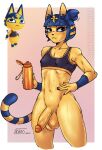  after_exercise animal_crossing ankha_(animal_crossing) anthro balls big_balls bodily_fluids bra clothed clothing crossgender domestic_cat felid feline felis genitals girly male mammal nintendo noitro partially_clothed penis solo sports_bra sweat sweatdrop underwear video_games 