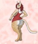  anthro big_breasts big_butt breasts butt clothing domestic_cat felid feline felis female green_eyes gregorean hair hi_res huge_butt looking_at_viewer looking_back mammal muscular pawpads paws rear_view simple_background smile solo stripes stronger 