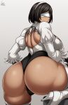  1girl android ass ass_focus black_hair blindfold boots breasts dark-skinned_female dark_skin from_behind gloves hairband high_heel_boots high_heels highres huge_ass jmg large_breasts leotard nier_(series) nier_automata shiny shiny_hair shiny_skin short_hair sideboob solo thick_thighs thigh_boots thighhighs thighs thong thong_leotard yorha_type_p_no._2 