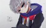  1boy blue_eyes character_name ear_piercing hood hood_down hoodie irohamurasaki looking_at_viewer maha5 maha5japan miwa_teto pale_skin piercing silver_hair virtual_youtuber 