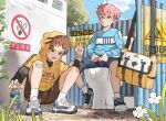  2boys baiyun_(13487) bird bottle chinese_commentary commentary_request highres morning multiple_boys original outdoors red_hair saliva saliva_trail short_hair shorts sign sitting socks squatting toilet unzipping water water_bottle 