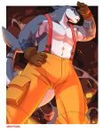  absurd_res anthro clothed clothing draftgon fire firefighter fish gloves grey_body handwear hi_res male marine orange_clothing partially_clothed pecs shark solo tattoo 