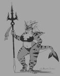  anthro big_breasts bra breasts claws clothing female fin fish hand_on_hip hi_res lapinbeau marine melee_weapon monochrome mostly_clothed panties polearm requiem_shark shark shark_tail sharp_teeth signature smile solo stripes teeth tiger_shark trident underwear weapon 