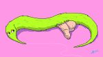  2022 bedroom_eyes digital_drawing_(artwork) digital_media_(artwork) feral fur genitals green_body green_fur hi_res humanoid_genitalia humanoid_penis male narrowed_eyes penis pink_background seductive signature simple_background solo worm_on_a_string zigmenthotep 