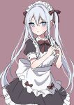  alternate_costume apron blue_eyes blush dress enmaided grey_hair hair_up heart heart_hands highres long_hair maid maid_headdress onprsk project_sekai puffy_short_sleeves puffy_sleeves short_sleeves simple_background sweat twintails yoisaki_kanade 