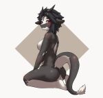  anthro black_body black_hair black_scales breasts butt chabett dragon eyebrows eyelashes female hair hi_res horn kneeling limning0 looking_at_viewer looking_back looking_back_at_viewer nude red_eyes scales side_boob solo tail_tuft tuft white_body white_scales 