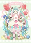  1girl :o albino alternate_costume animal_ears aqua_eyes aqua_hair argyle argyle_cutout banner basket blue_flower blush bodysuit bow bunny carrying character_name clothing_cutout commentary_request covered_navel crotch_cutout curly_hair cutout_above_navel daisy detached_sleeves diamond_(shape) earrings easter easter_egg easter_miku egg egg_earrings ekita_kuro english_text eyebrows_visible_through_hair flower footwear_bow full_body grabbing grass hair_bow happy_easter hatsune_miku highres holding_ears jewelry leaf leg_up long_hair multicolored_eyes multicolored_hair mushroom navel_cutout open_mouth oversized_object pink_bodysuit pink_bow pink_flower puffy_pants rabbit_ears red_flower revision ribbon-trimmed_sleeves ribbon_trim shoes solo striped striped_bow tulip twintails unitard very_long_hair vocaloid white_flower white_footwear white_sleeves 