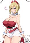  :o ? absurdres arms_at_sides bare_shoulders blonde_hair blue_eyes blush bolobolo breasts cleavage clenched_hands collar covered_nipples cowboy_shot curvy eyebrows_visible_through_hair hair_between_eyes headband heart highres huge_breasts hypno irida_(pokemon) large_breasts looking_at_viewer mature_female motion_lines open_mouth oppai_loli pokemon pokemon_(game) pokemon_legends:_arceus red_headwear red_shirt shirt short_hair short_shorts shorts simple_background sketch sleeveless spoken_question_mark strapless strapless_shirt thick_thighs thighs tube_top waist_cape white_background white_shorts wide_hips 