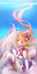  1girl absurdres ahri_(league_of_legends) artist_name bangs bare_shoulders blonde_hair blue_background breasts choker closed_mouth detached_sleeves feet_out_of_frame fox_tail hair_ornament hair_up highres league_of_legends long_hair looking_at_viewer medium_breasts parted_lips pink_eyes purple_choker shiny shiny_hair solo tail teeth thighhighs white_legwear xiuluoyi00 
