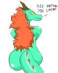  butt dialogue dragon female hair hi_res humanoid long_hair looking_at_viewer looking_back markings orange_hair scale_(disambiguation) scalie smile smirk solo tail tail_markings 