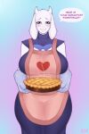  acw anthro apron big_breasts bovid breasts clothing dessert dialogue female food gloves handwear huge_breasts looking_at_viewer mammal pie simple_background smile solo speech_bubble toriel undertale_(series) wide_hips 