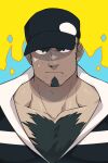  1boy absurdres bara beard body_hair chest_hair facial_hair green_hair hairy hat highres male_focus mature_male muscular muscular_male original pectorals scar scar_on_face scar_on_nose zink_(zink_mchn) 