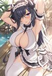  1girl alternate_costume apron arm_strap armpits arms_up august_von_parseval_(azur_lane) august_von_parseval_(the_conquered_unhulde)_(azur_lane) azur_lane bangs between_breasts black_hair blue_eyes blush breasts cleavage_cutout clothing_cutout commentary_request cross-laced_dress curled_horns enmaided hair_over_one_eye headdress horns indoors kneeling large_breasts long_hair looking_at_viewer maid mechanical_horns neck_ribbon no_shoes official_alternate_costume on_floor one_eye_covered parted_lips plant ribbon sitting sleeveless smile solo strap_between_breasts thighhighs thighs underboob_cutout very_long_hair waist_apron wariza water white_apron white_garter_straps white_headwear white_legwear wooden_floor xe_(execut3r) 