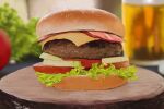  akky_(akimi1127) bacon blurry burger cheese commentary_request depth_of_field derivative_work drink food food_focus highres lettuce no_humans onion original photorealistic revision tomato 