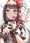  1girl absurdres arm_strap black_choker black_hairband blue_eyes blurry blurry_background blush brown_hair choker closed_mouth eyebrows_visible_through_hair floating_hair flower green_eyes hair_flower hair_ornament hairband highres holding kurosawa_dia long_hair looking_at_viewer love_live! love_live!_sunshine!! mole mole_under_eye nota_ika red_flower red_rose rose smile solo sparkle upper_body very_long_hair wrist_cuffs 