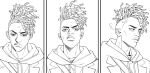  1boy bangs closed_mouth commentary_request ekko_(league_of_legends) greyscale hairlocs hood hood_down league_of_legends looking_down looking_to_the_side looking_up male_focus monochrome multiple_views mush820823 short_hair undercut 