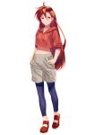  1girl absurdres bangs blue_pants closed_mouth collarbone full_body grey_shorts hair_between_eyes hands_in_pockets highres hood hood_down hooded_sweater long_hair looking_at_viewer midriff pants pants_under_shorts precure purple_eyes red_footwear red_hair red_sweater shorts simple_background solo standing stomach sweater takizawa_asuka tropical-rouge!_precure very_long_hair white_background yoko-ya_manjirou 