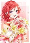  1girl :d absurdres bangs border bouquet earrings flower hair_between_eyes hair_flower hair_ornament hair_ribbon highres holding holding_bouquet jewelry long_hair looking_at_viewer love_live! love_live!_school_idol_project nishikino_maki nota_ika open_mouth pink_flower pink_rose purple_eyes red_flower red_hair red_ribbon ribbon rose shiny shiny_hair smile solo sparkle twitter_username white_border white_flower yellow_flower 